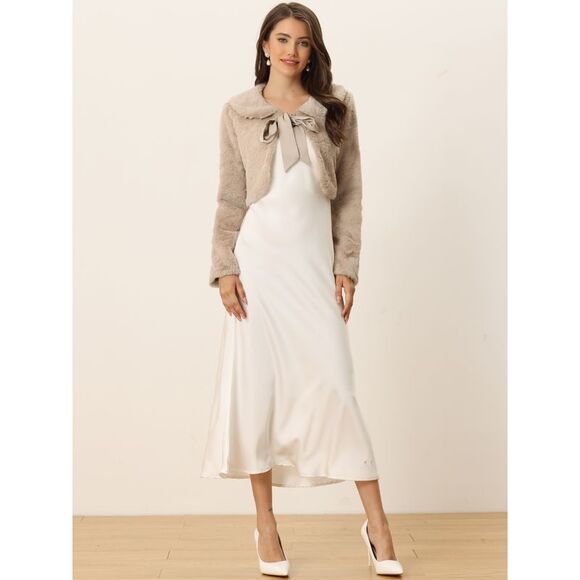 Faux Fur Bolero Shrug Crop Jacket Evening Bow Tie Front Fluffy Coat Khaki - Picture 3 of 5